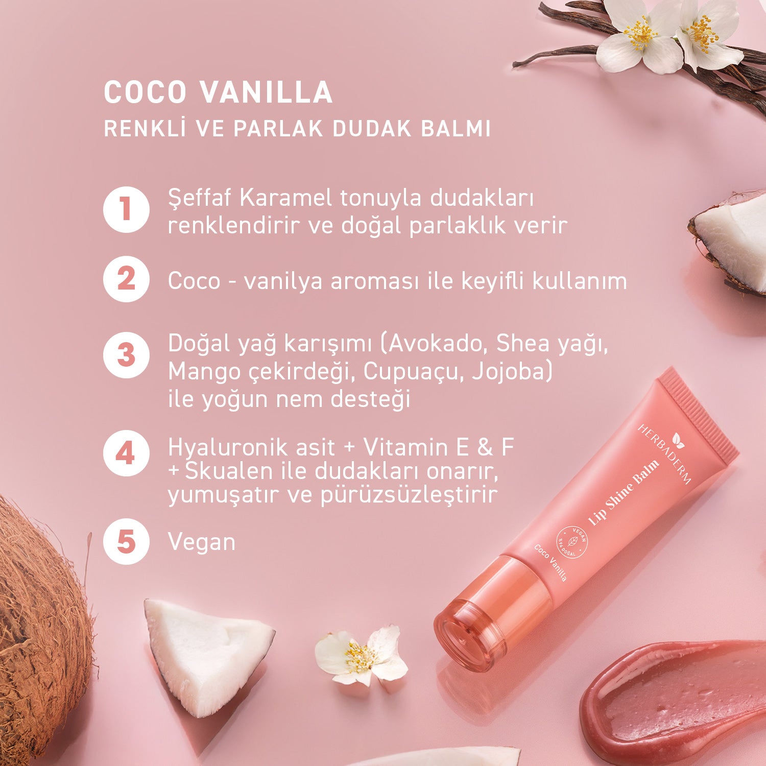 Herbaderm Parlak Dudak Balmı Coco Vanilya Aromalı 10 ml (Anahtarlık Hediyeli)