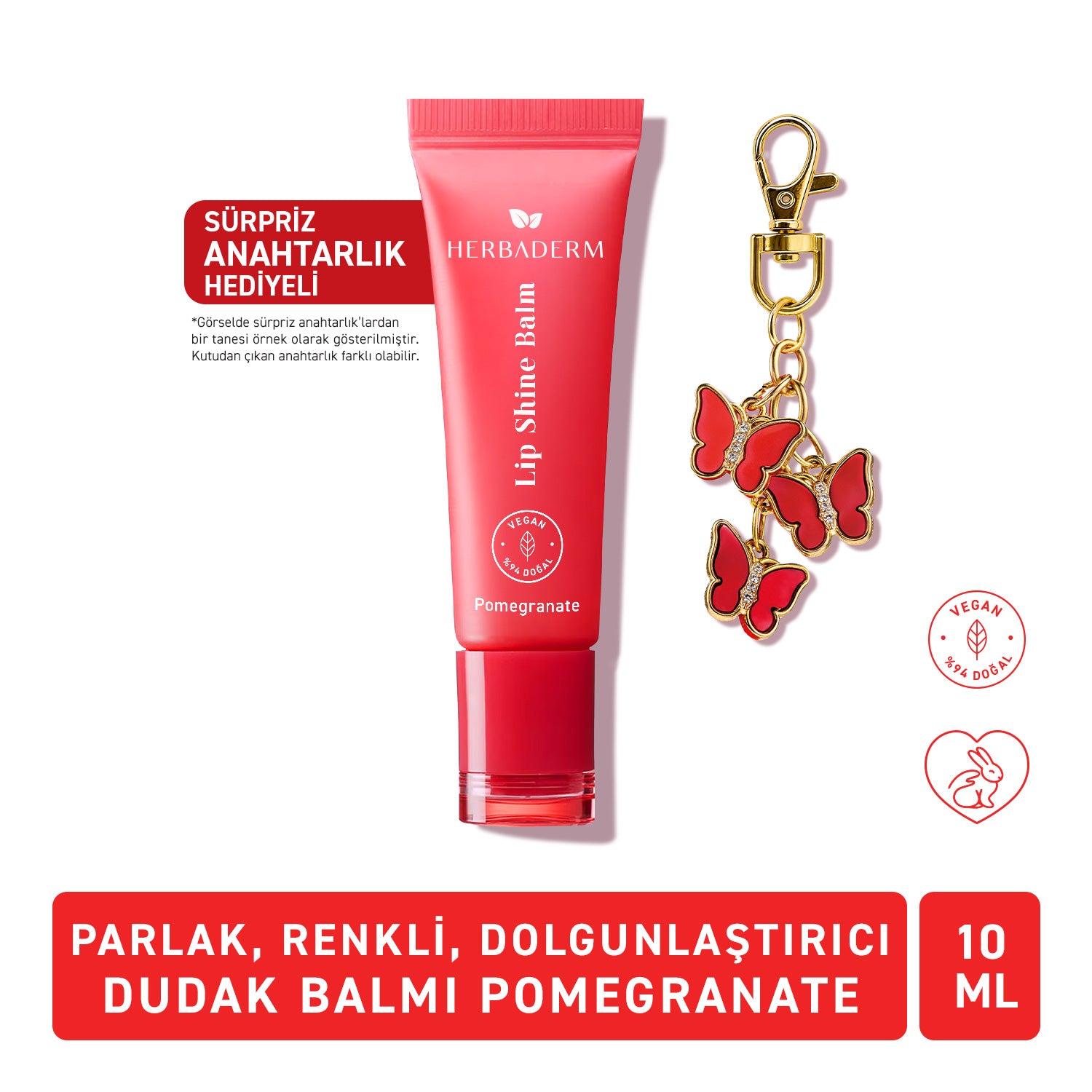 Herbaderm Parlak Dudak Balmı Nar Aromalı 10 ml (Anahtarlık Hediyeli)