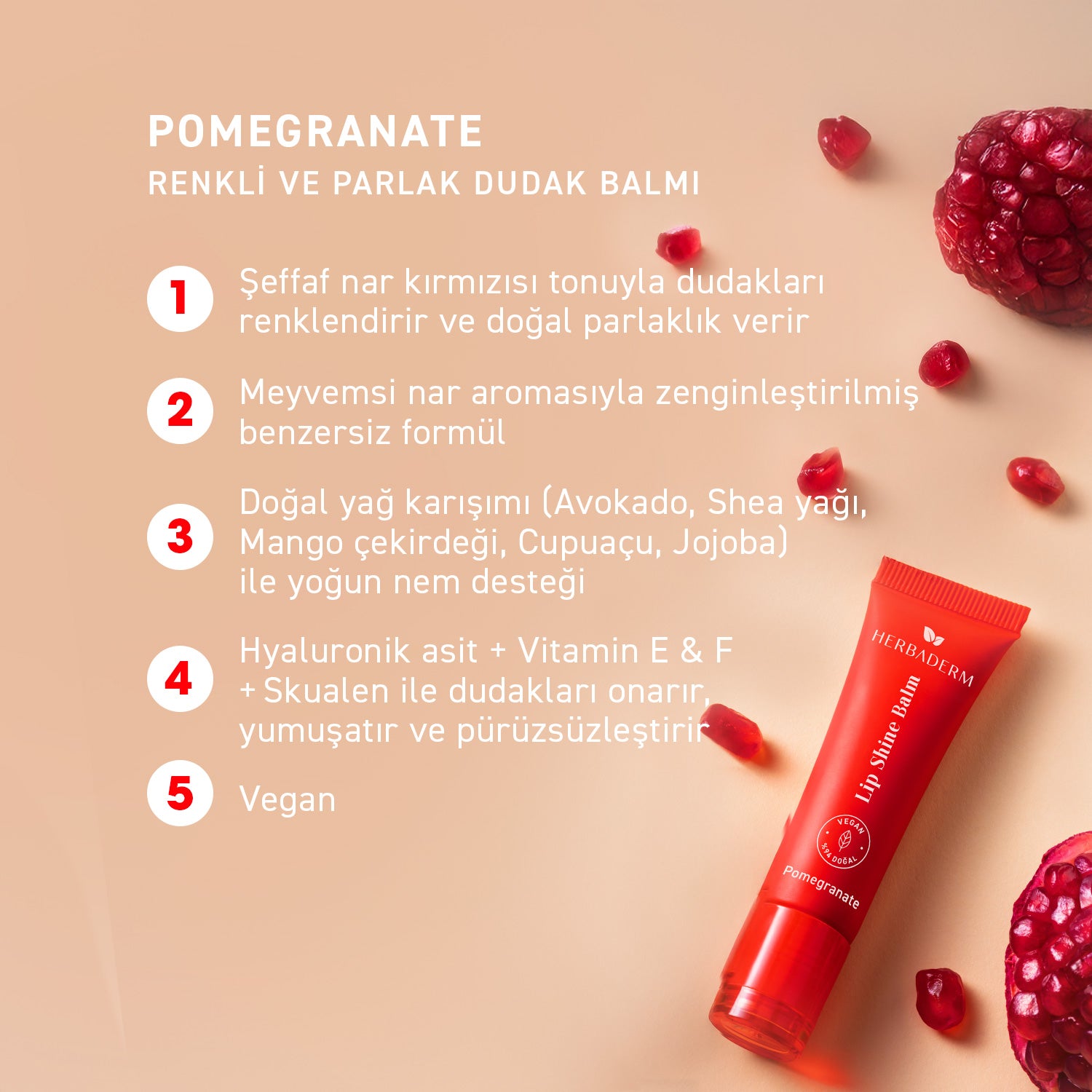 Herbaderm Parlak Dudak Balmı Nar Aromalı 10 ml (Anahtarlık Hediyeli)