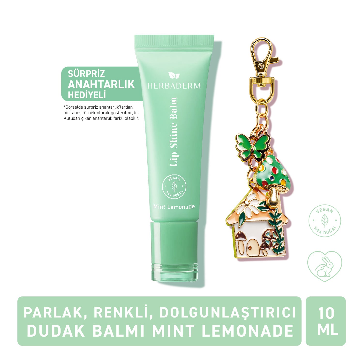 Herbaderm Parlak Dudak Balmı Limonata Aromalı 10 ml (Anahtarlık Hediyeli)