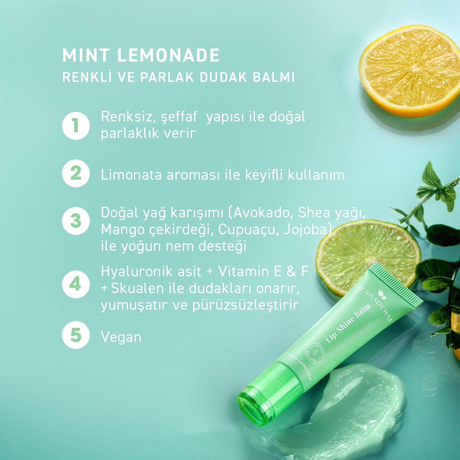 Herbaderm Parlak Dudak Balmı Limonata Aromalı 10 ml (Anahtarlık Hediyeli)