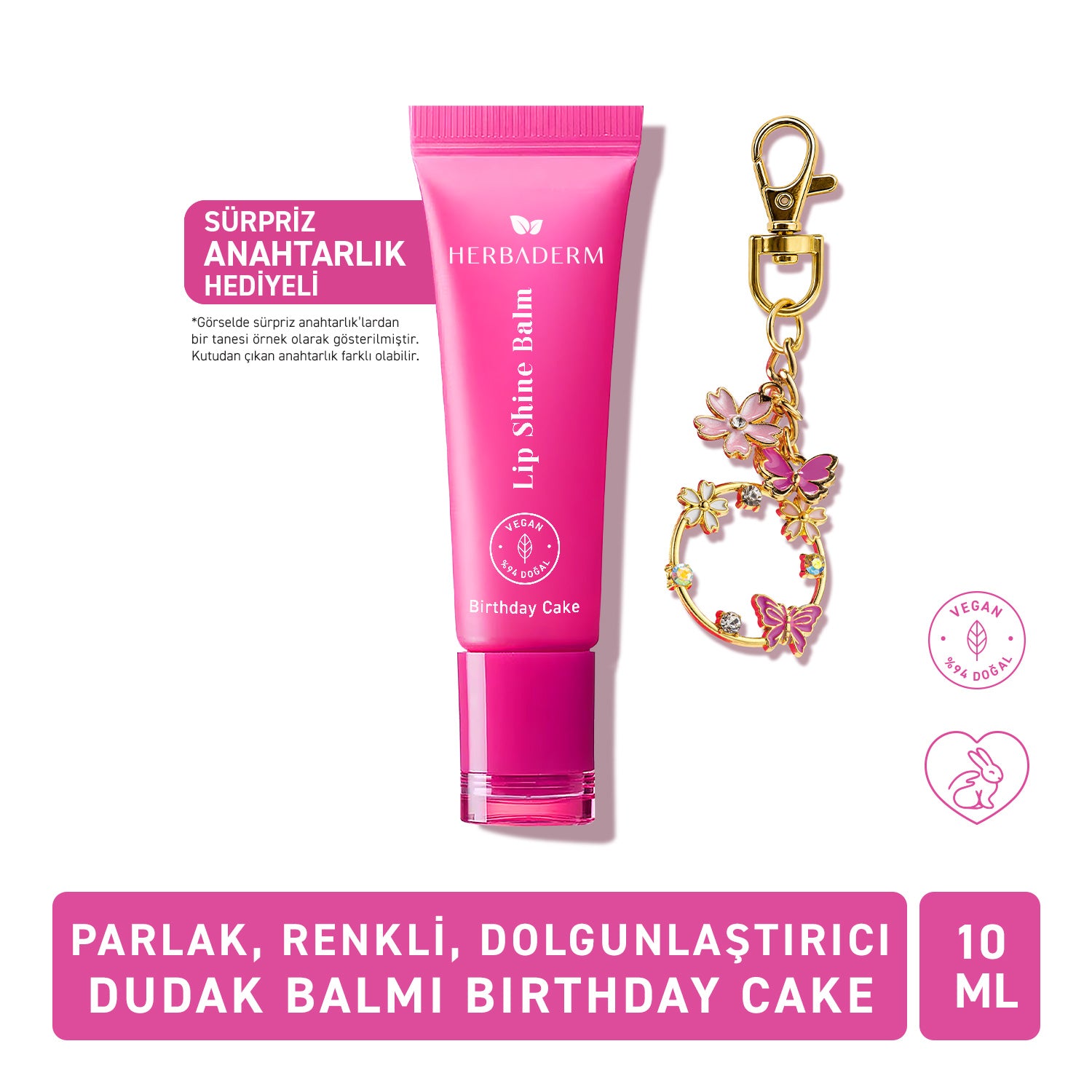 Herbaderm Parlak Dudak Balmı Birthday Cake Aromalı 10 ml (Anahtarlık Hediyeli)