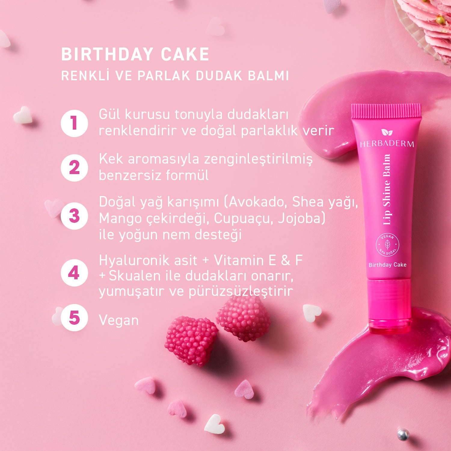 Herbaderm Parlak Dudak Balmı Birthday Cake Aromalı 10 ml (Anahtarlık Hediyeli)