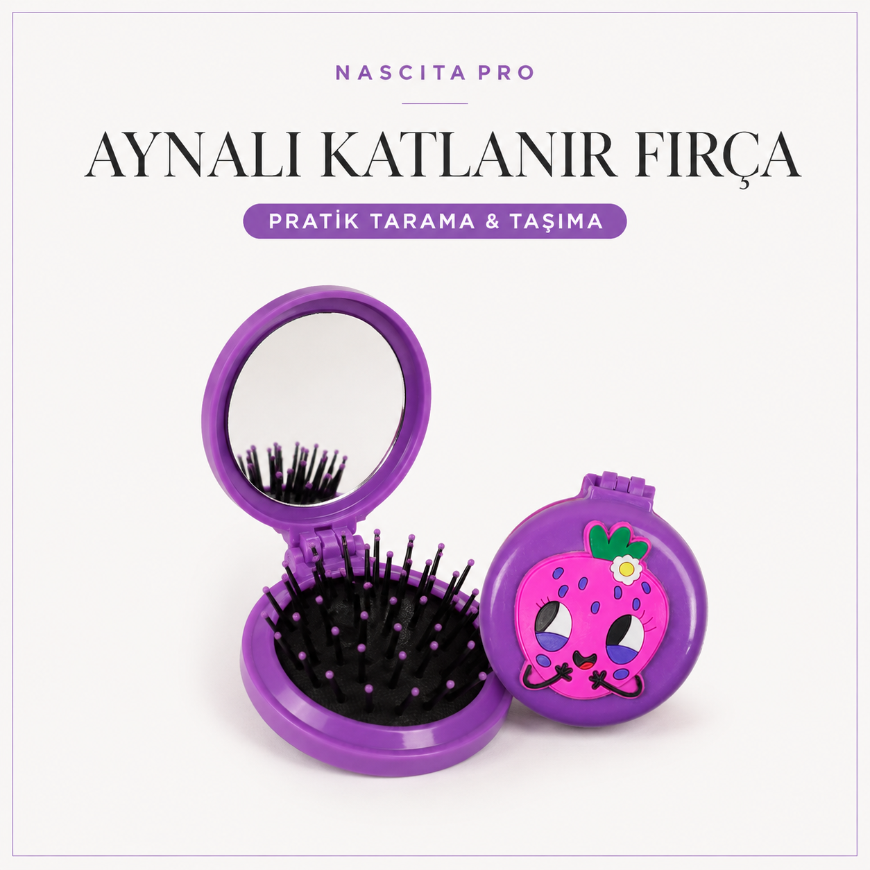 Nascita Çilek Figürlü Aynalı Katlanır Saç Fırçası Çanta Boy NASFBRGM0037