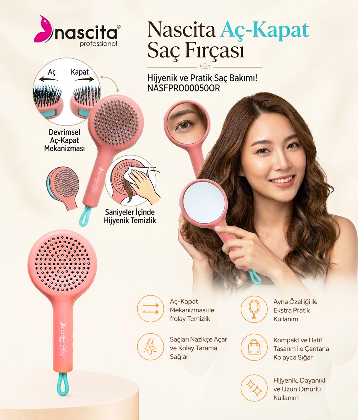 Nascita Aç-Kapat Saç Açma ve Tarama Fırçası Turuncu NASFPRO00050OR
