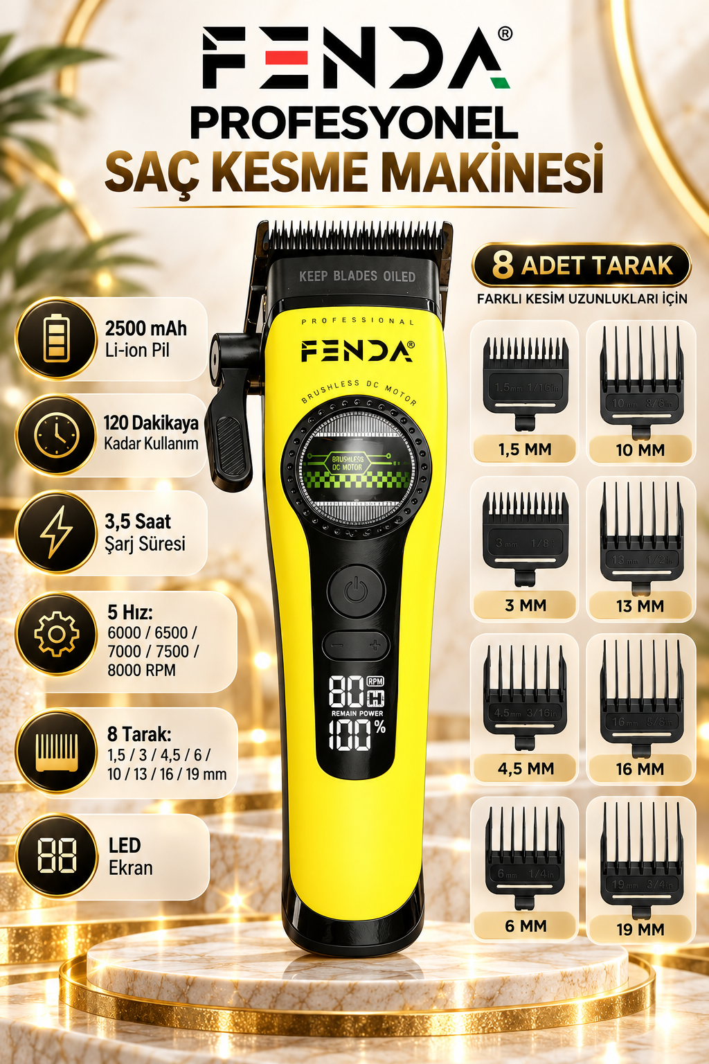 Fenda Profesyonel BLDC Motor 8000 Rpm 2'li Tıraş Makinesi Seti Sarı