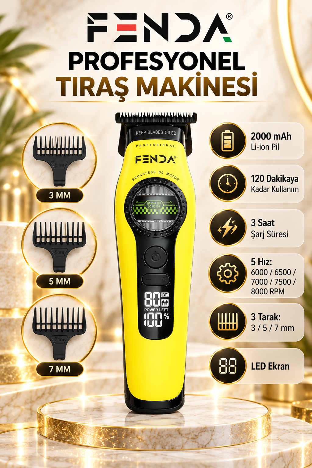 Fenda Profesyonel BLDC Motor 8000 Rpm 2'li Tıraş Makinesi Seti Sarı