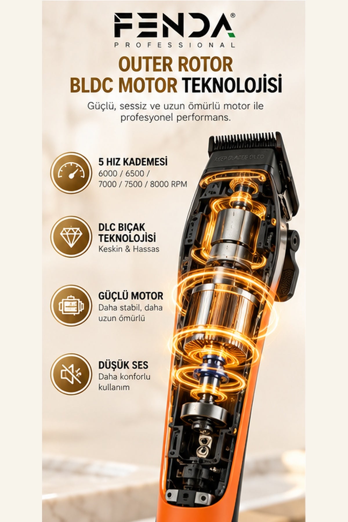 Fenda Profesyonel BLDC Motor 8000 Rpm 2'li Tıraş Makinesi Seti Turuncu