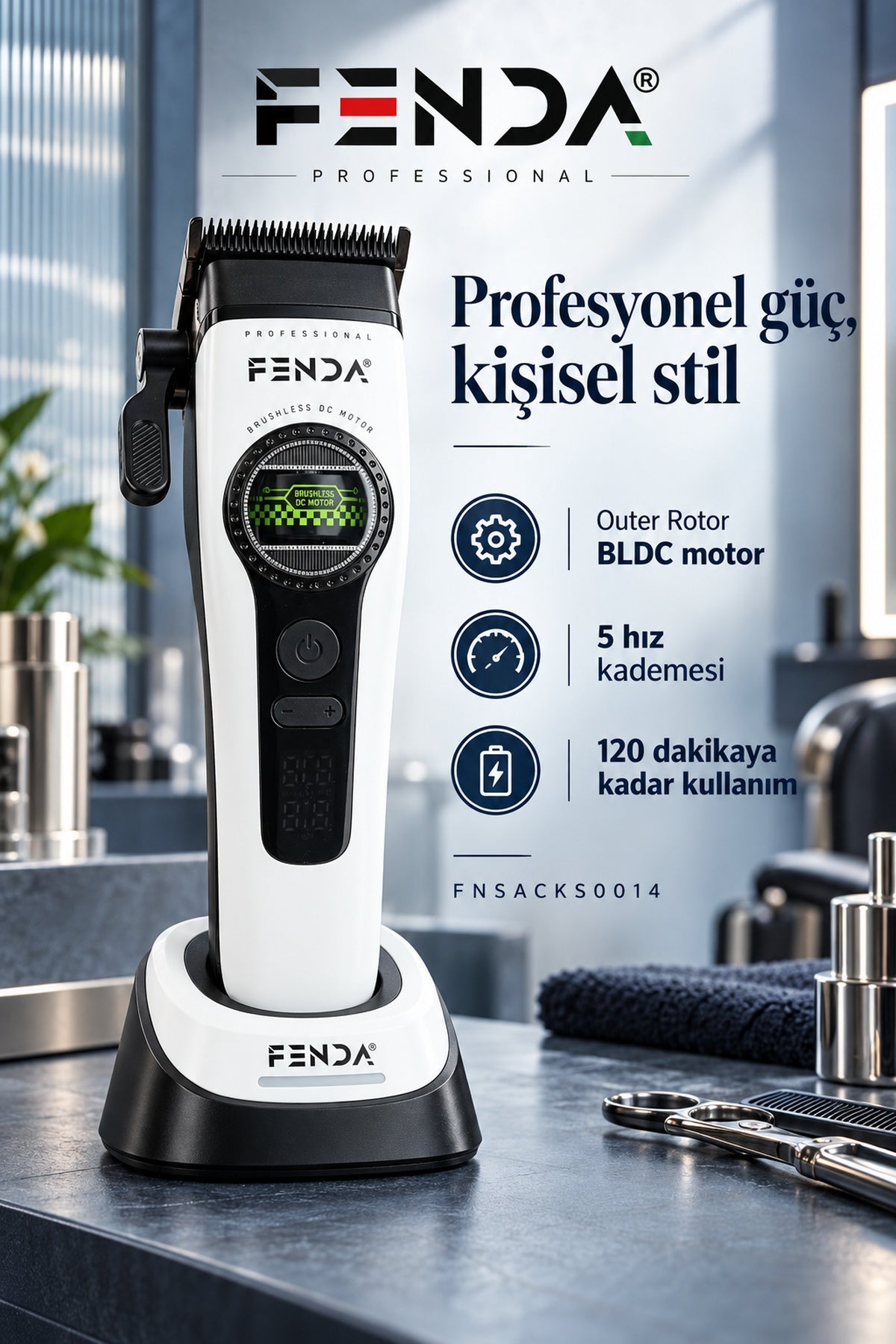 Fenda Profesyonel BLDC Motor 8000 RPM Saç Kesme Makinesi Beyaz