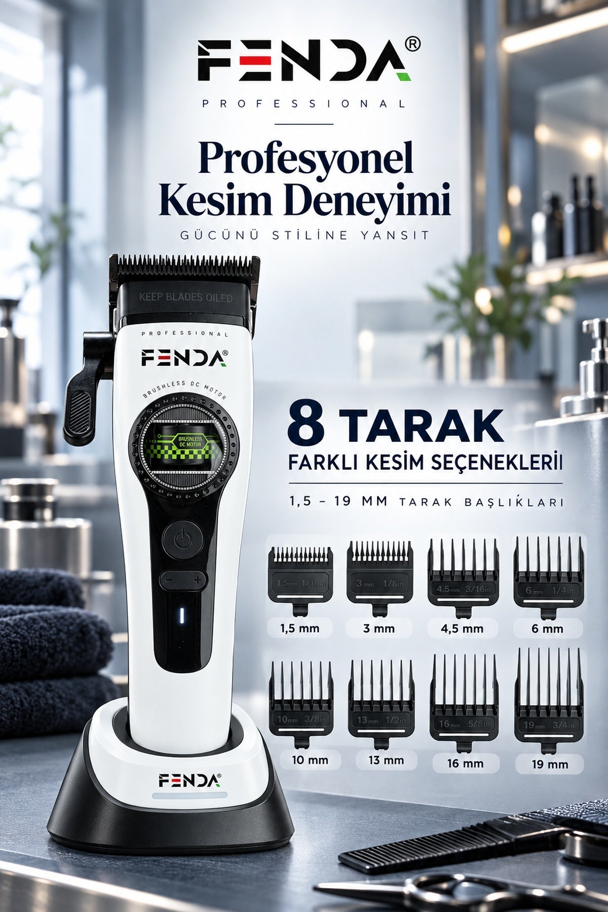 Fenda Profesyonel BLDC Motor 8000 RPM Saç Kesme Makinesi Beyaz