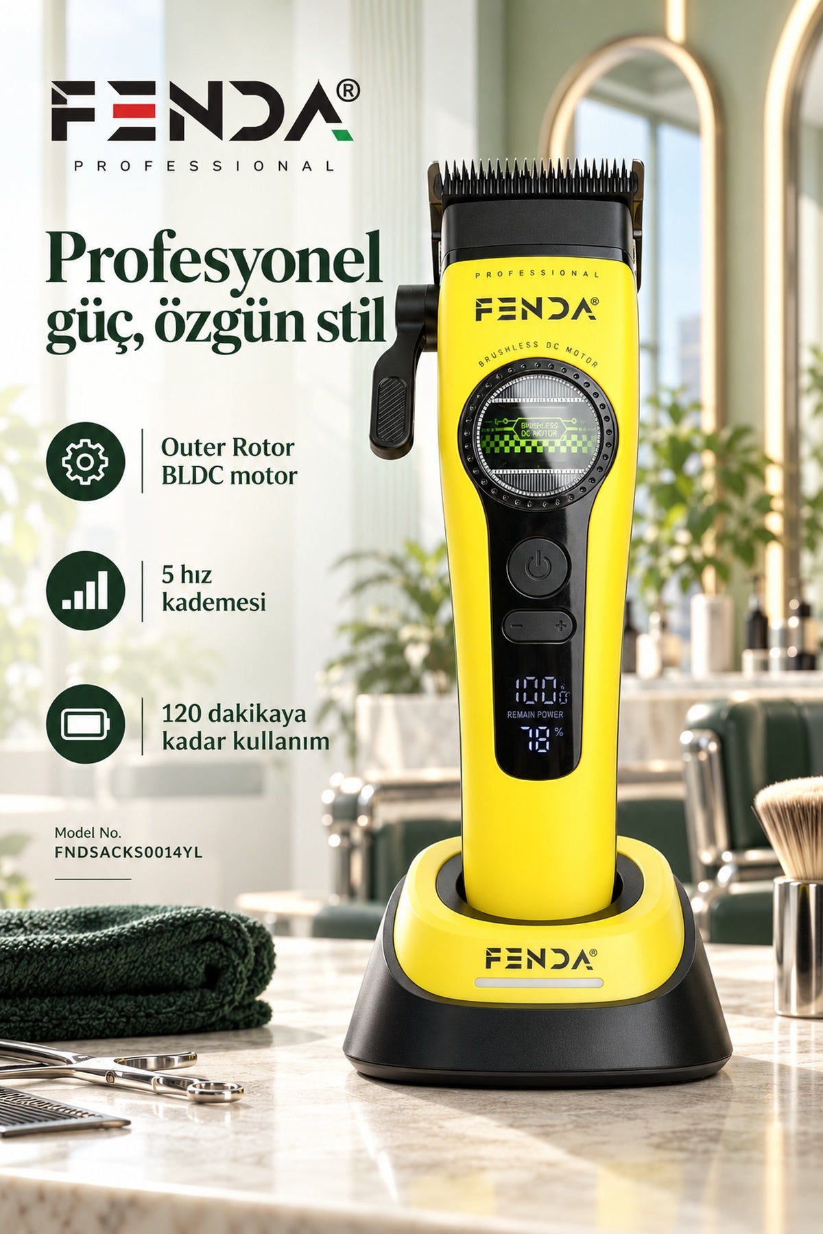 Fenda Profesyonel BLDC Motor 8000 RPM Saç Kesme Makinesi Sarı
