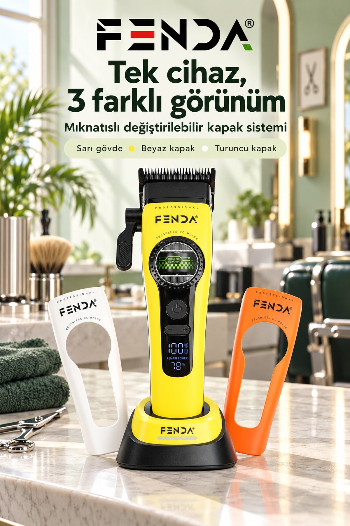 Fenda Profesyonel BLDC Motor 8000 RPM Saç Kesme Makinesi Sarı