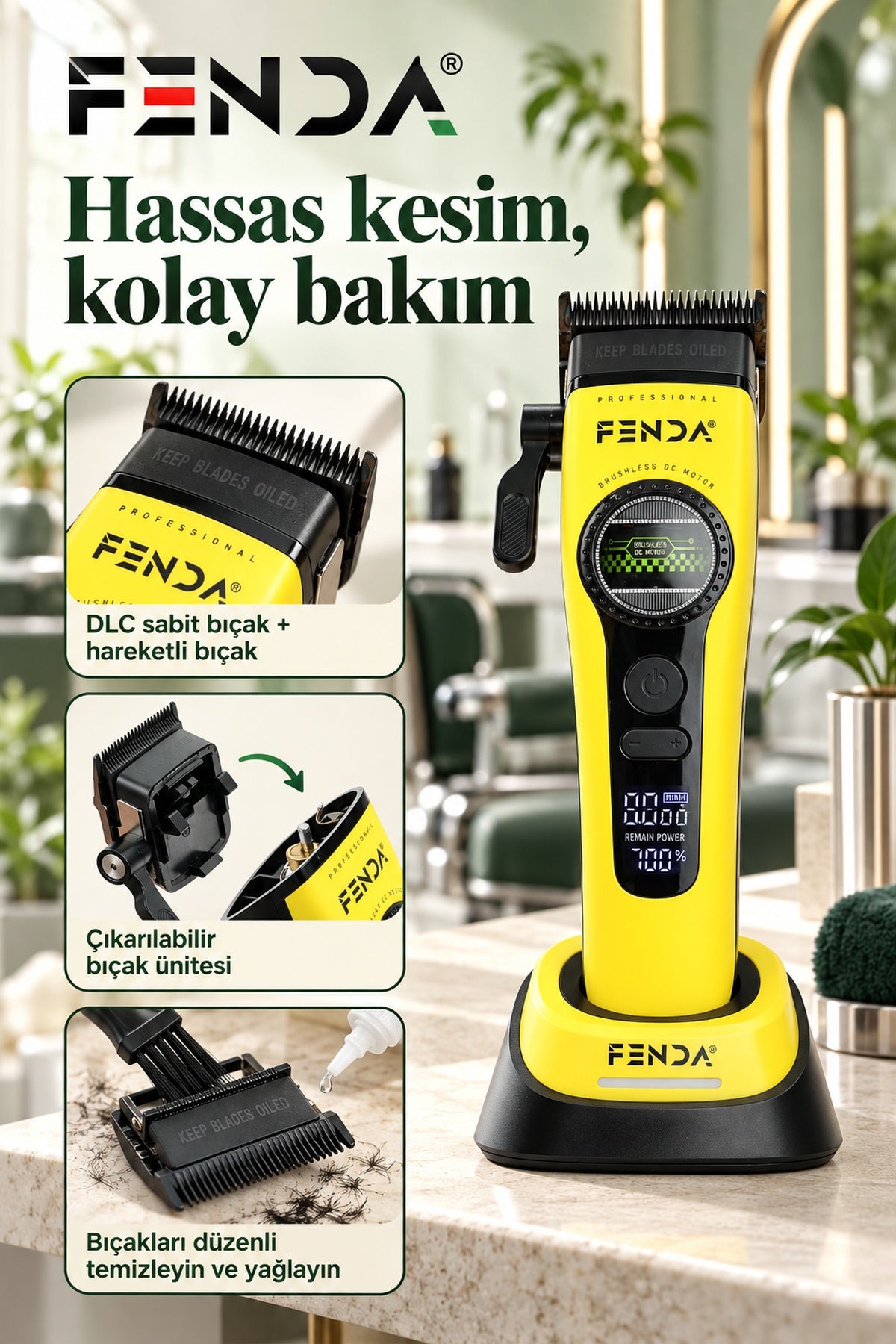 Fenda Profesyonel BLDC Motor 8000 RPM Saç Kesme Makinesi Sarı
