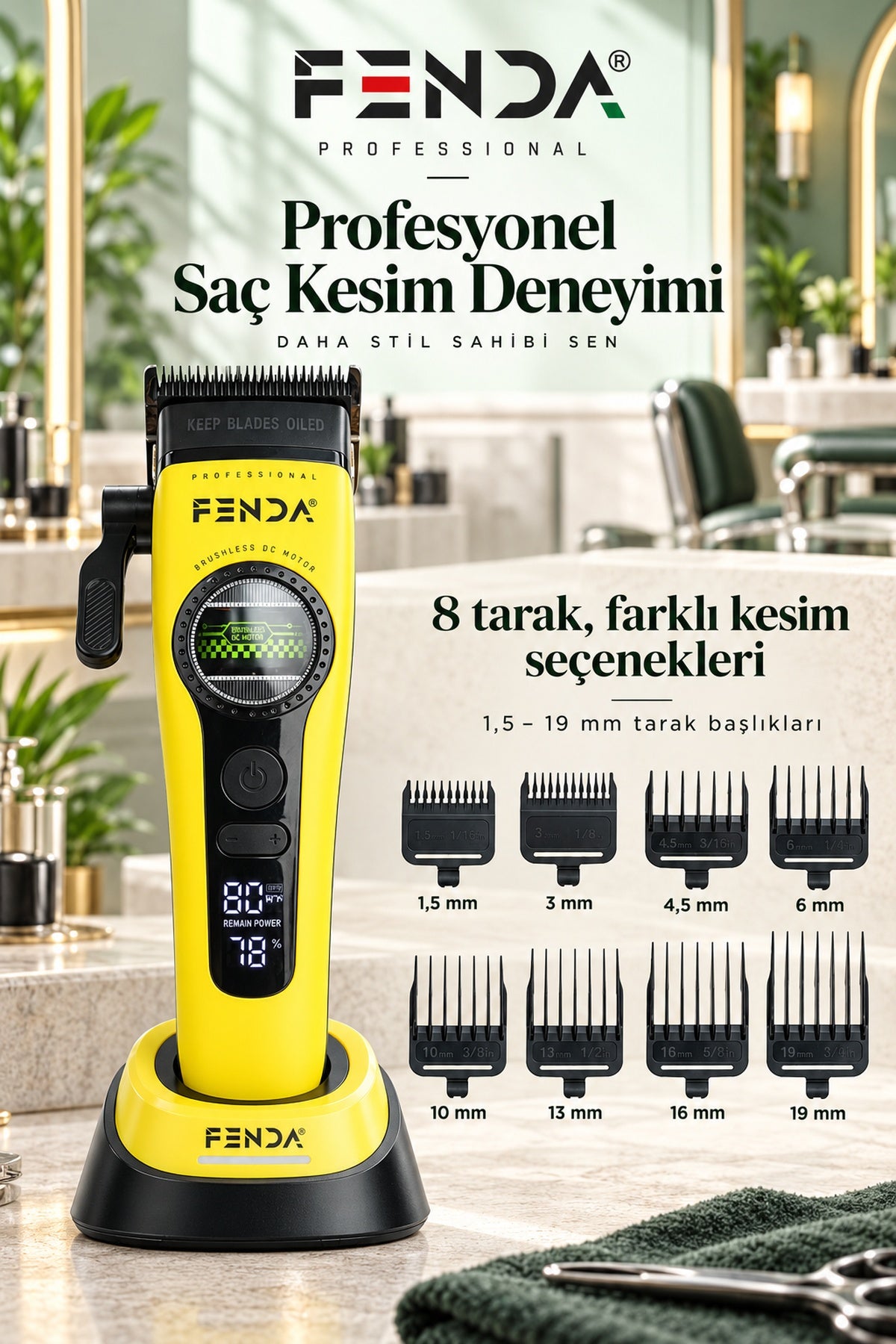 Fenda Profesyonel BLDC Motor 8000 RPM Saç Kesme Makinesi Sarı