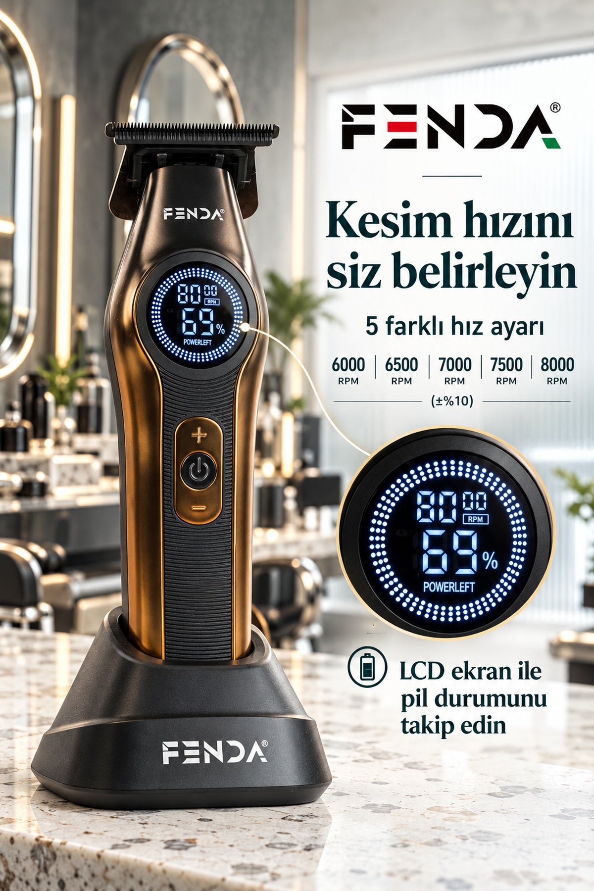 Fenda Profesyonel BLDC Motor 8000 RPM Tıraş Makinesi Altın