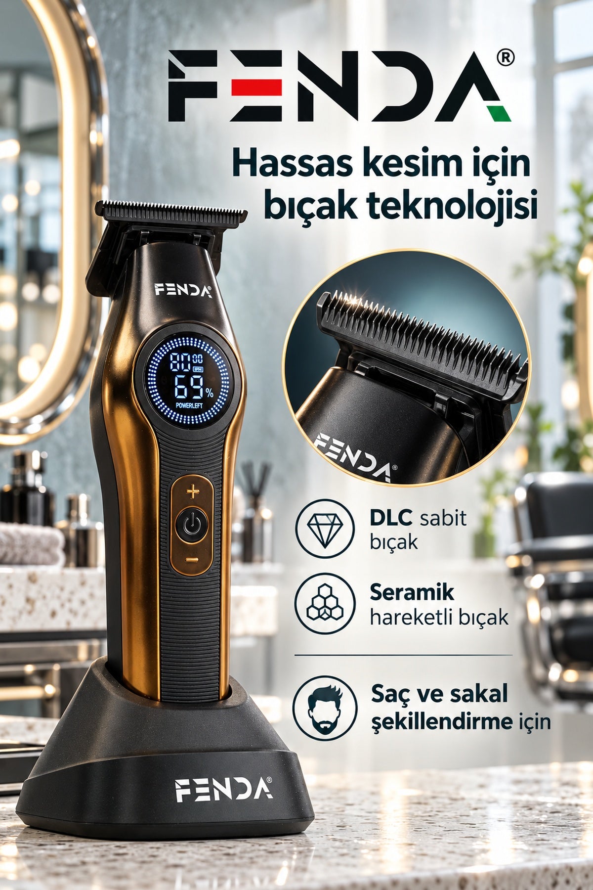 Fenda Profesyonel BLDC Motor 8000 RPM Tıraş Makinesi Altın