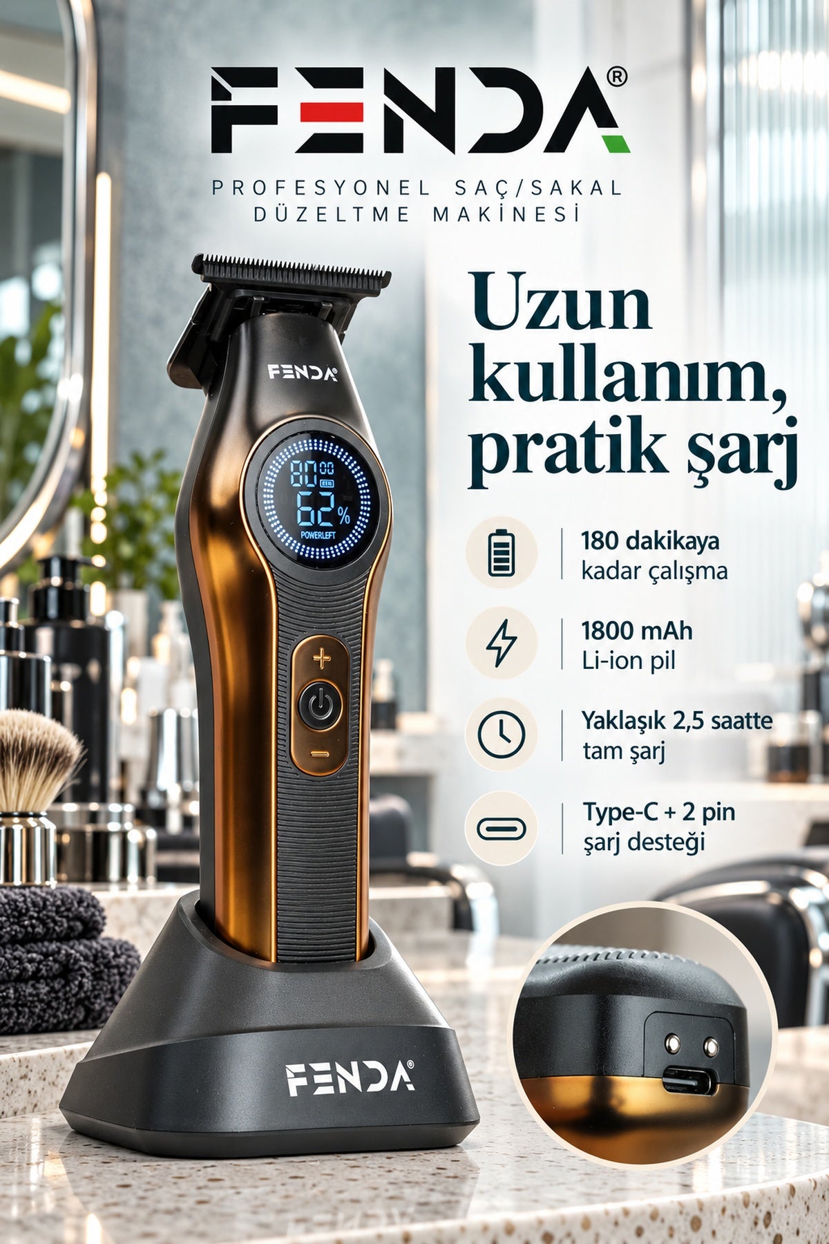 Fenda Profesyonel BLDC Motor 8000 RPM Tıraş Makinesi Altın
