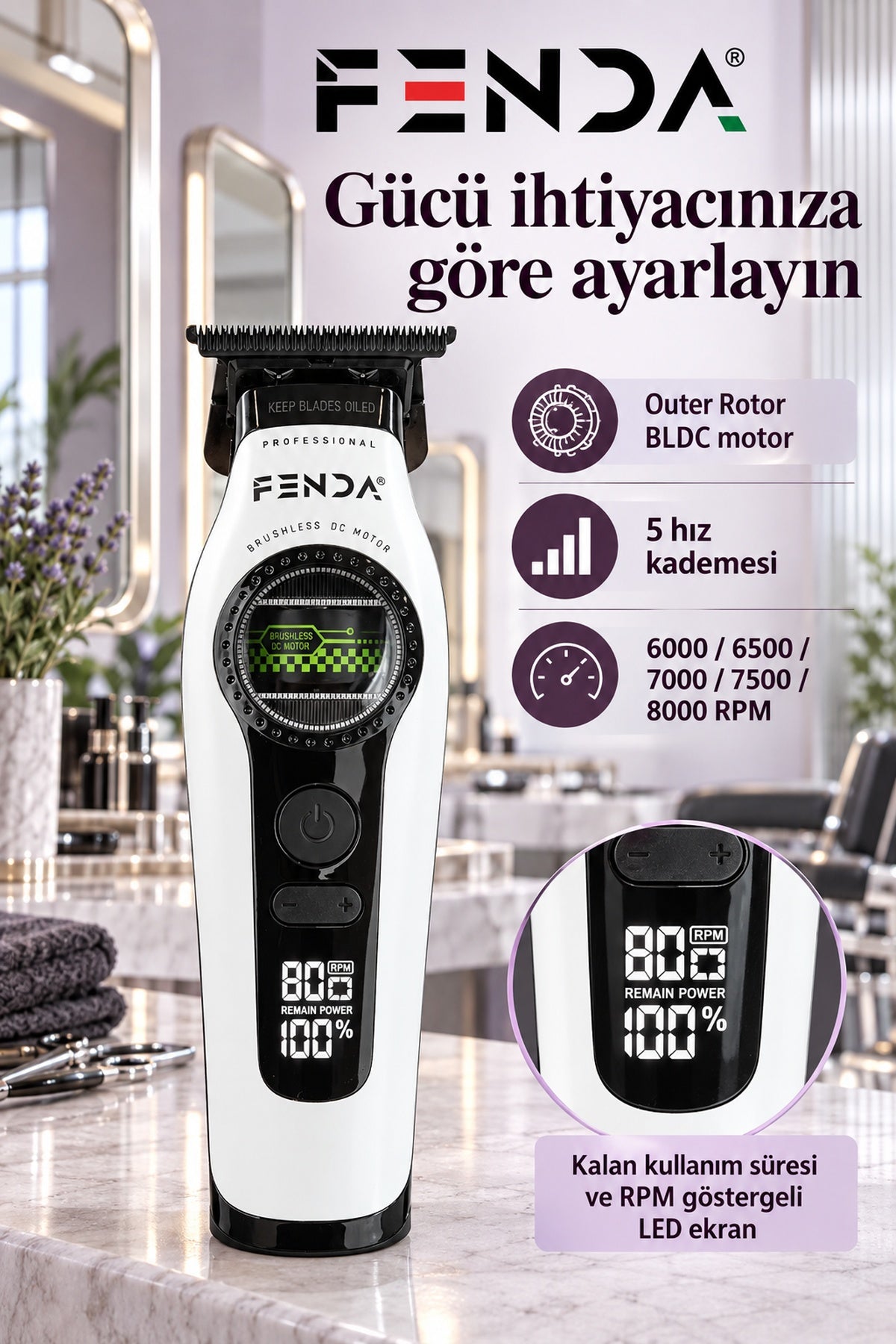Fenda Profesyonel BLDC Motor 8000 RPM Tıraş Makinesi Beyaz
