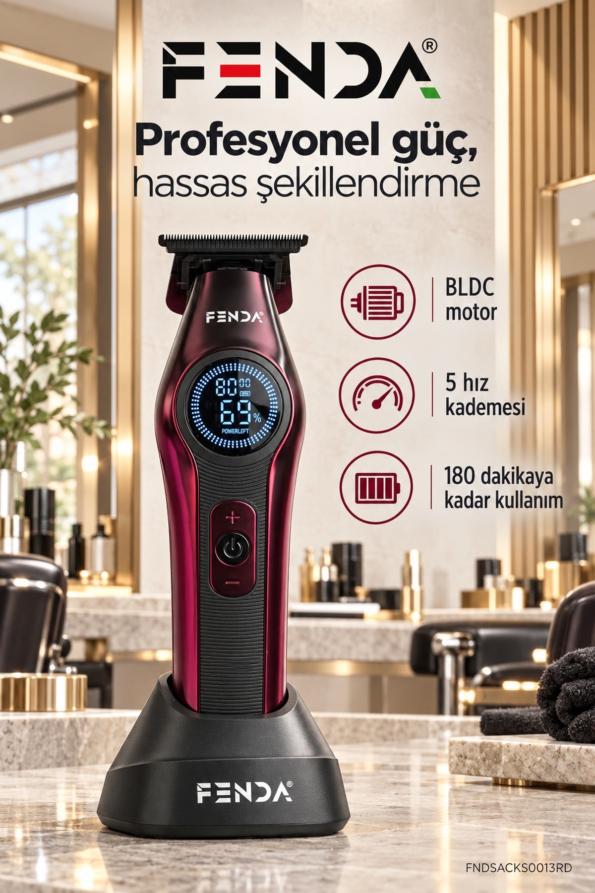 Fenda Profesyonel BLDC Motor 8000 RPM Tıraş Makinesi Kırmızı
