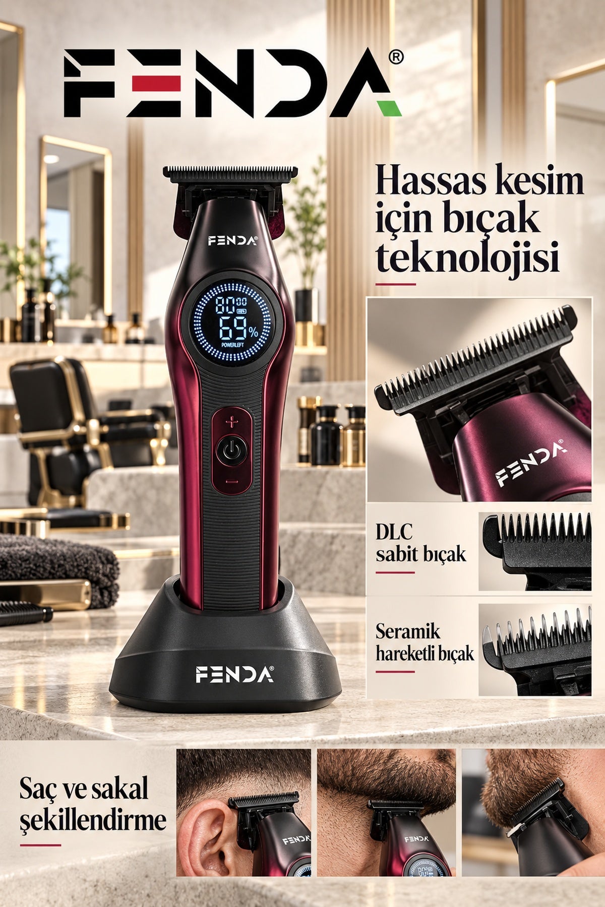 Fenda Profesyonel BLDC Motor 8000 RPM Tıraş Makinesi Kırmızı