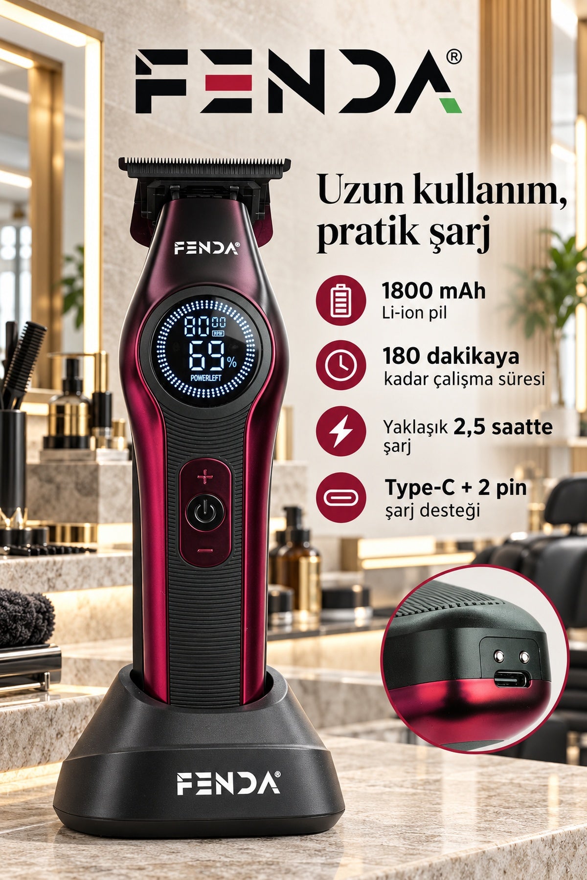 Fenda Profesyonel BLDC Motor 8000 RPM Tıraş Makinesi Kırmızı