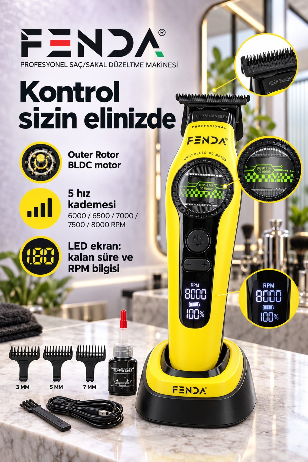 Fenda Profesyonel BLDC Motor 8000 RPM Tıraş Makinesi Sarı