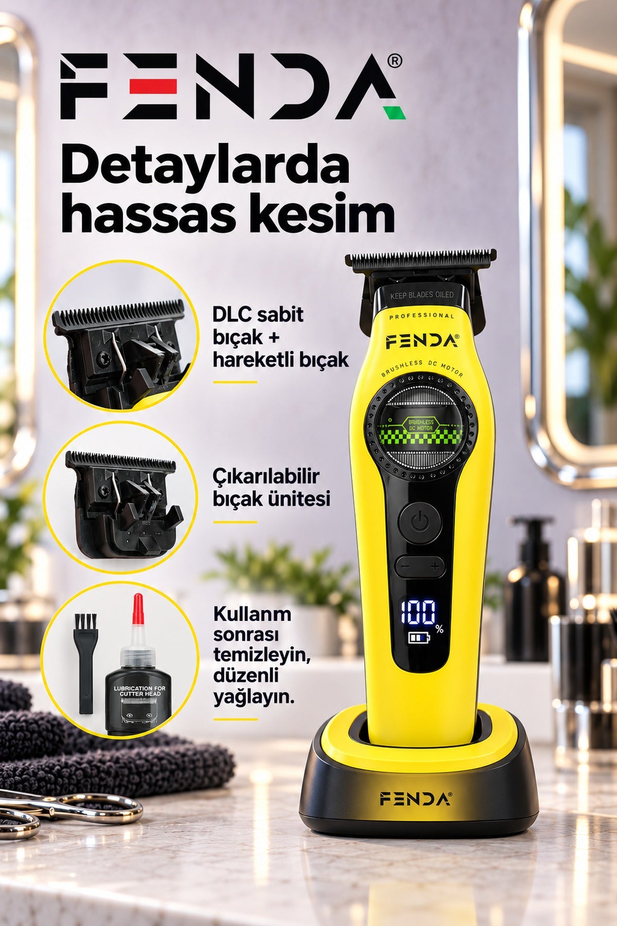 Fenda Profesyonel BLDC Motor 8000 RPM Tıraş Makinesi Sarı