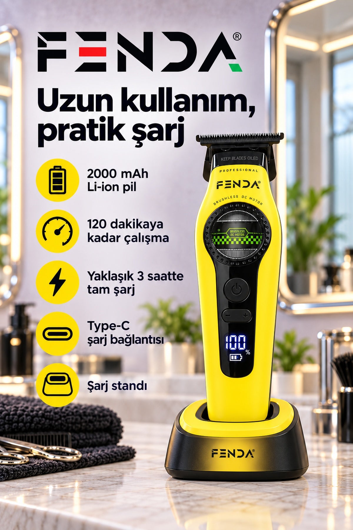Fenda Profesyonel BLDC Motor 8000 RPM Tıraş Makinesi Sarı