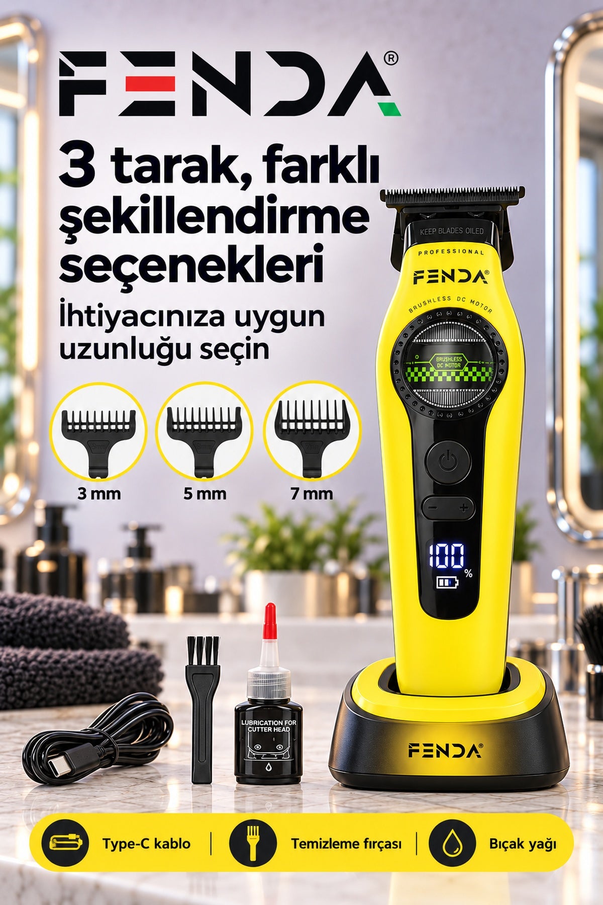Fenda Profesyonel BLDC Motor 8000 RPM Tıraş Makinesi Sarı