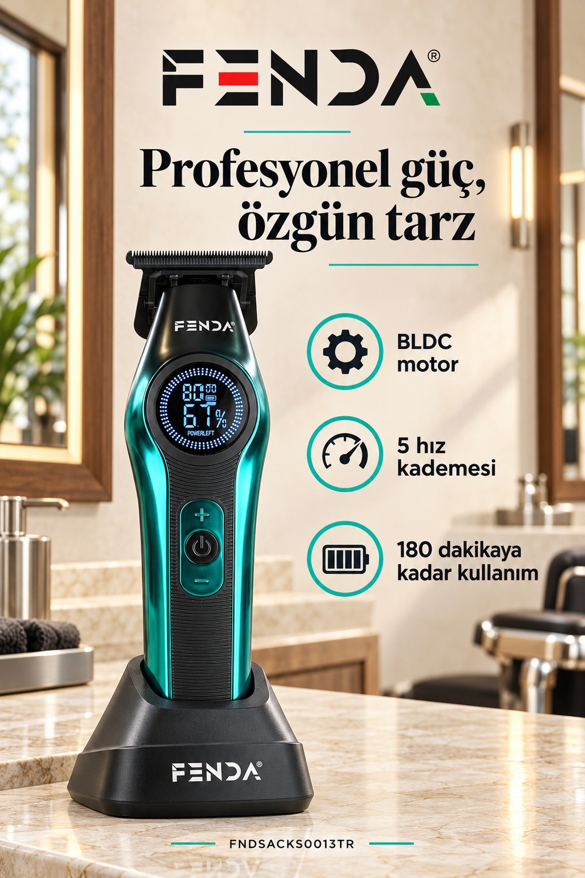 Fenda Profesyonel BLDC Motor 8000 RPM Tıraş Makinesi Turkuaz