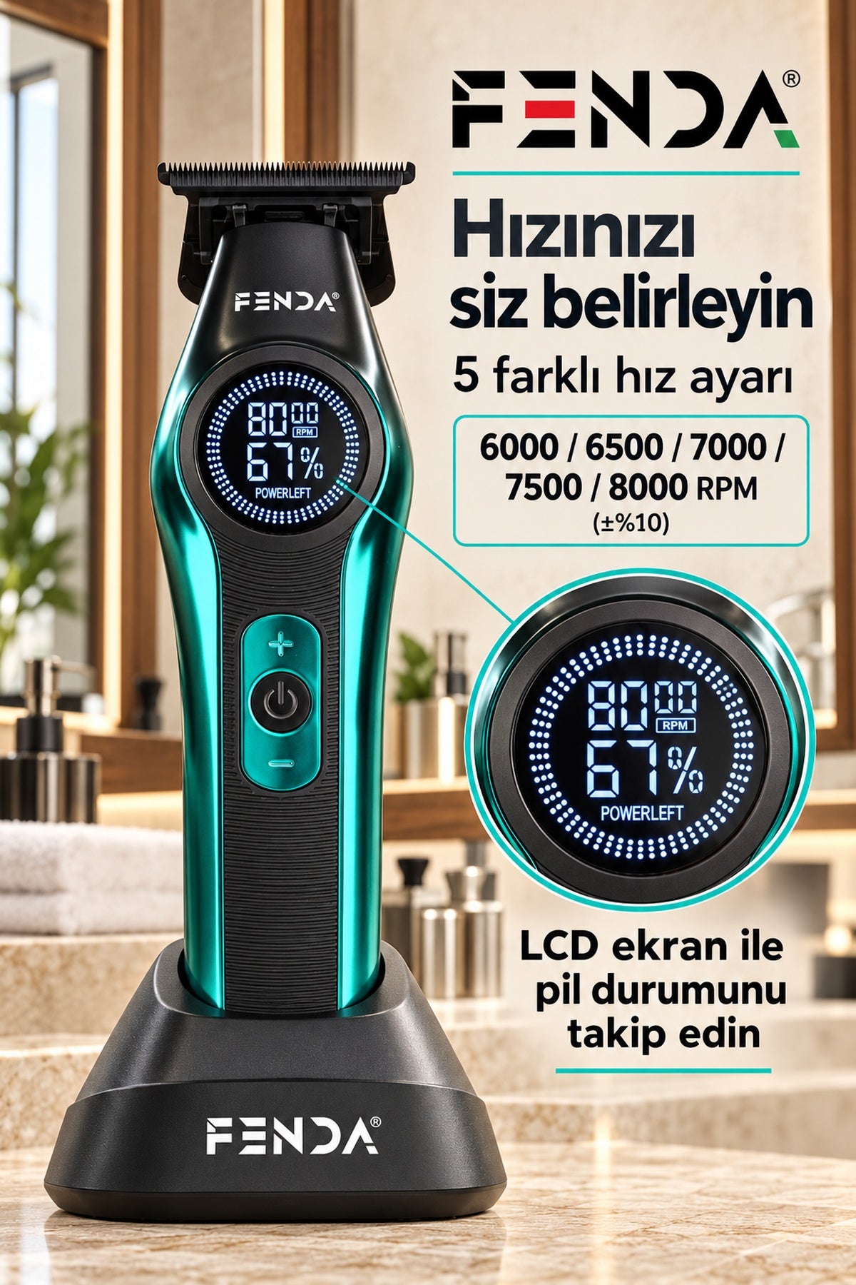 Fenda Profesyonel BLDC Motor 8000 RPM Tıraş Makinesi Turkuaz