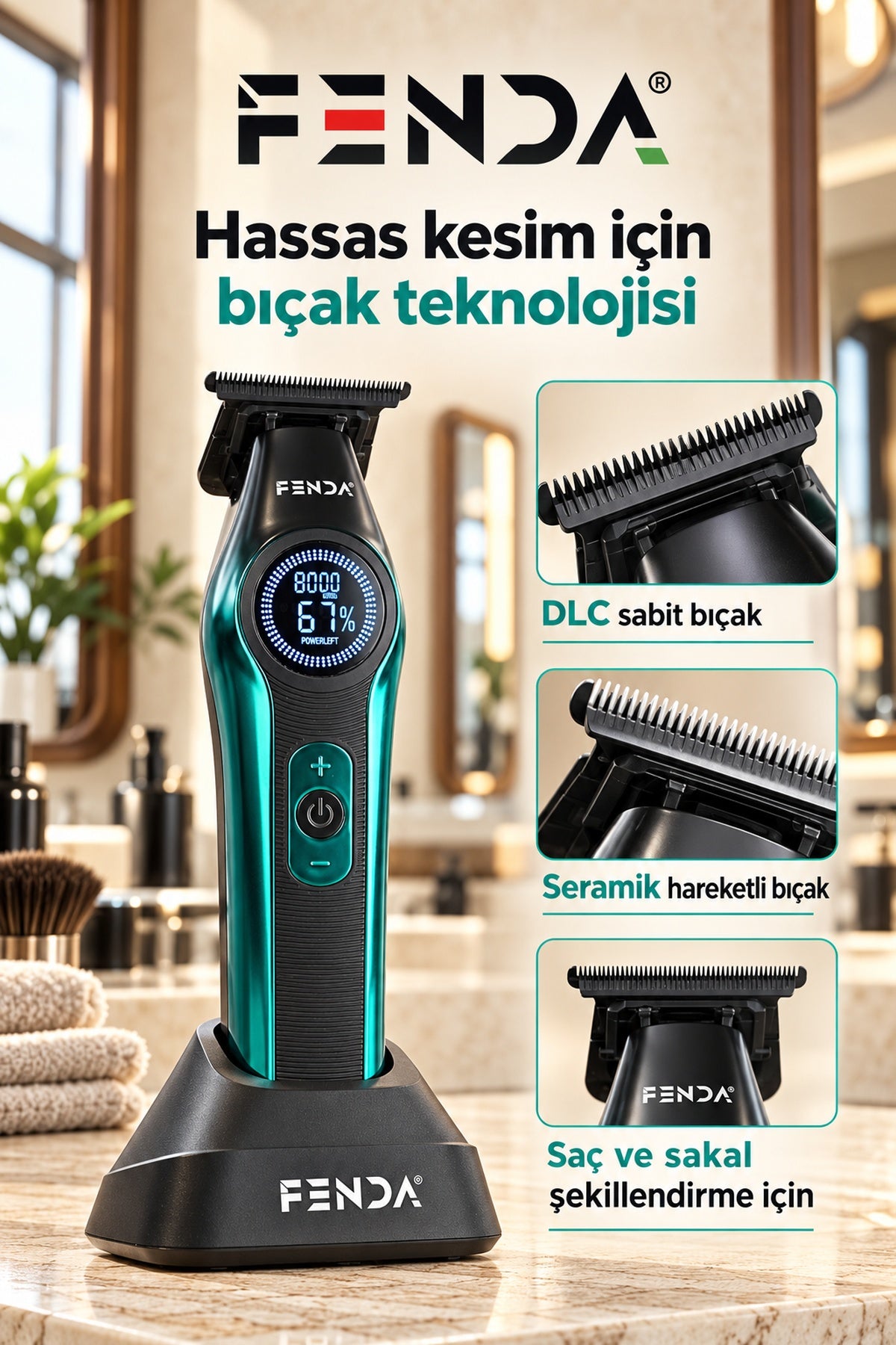 Fenda Profesyonel BLDC Motor 8000 RPM Tıraş Makinesi Turkuaz