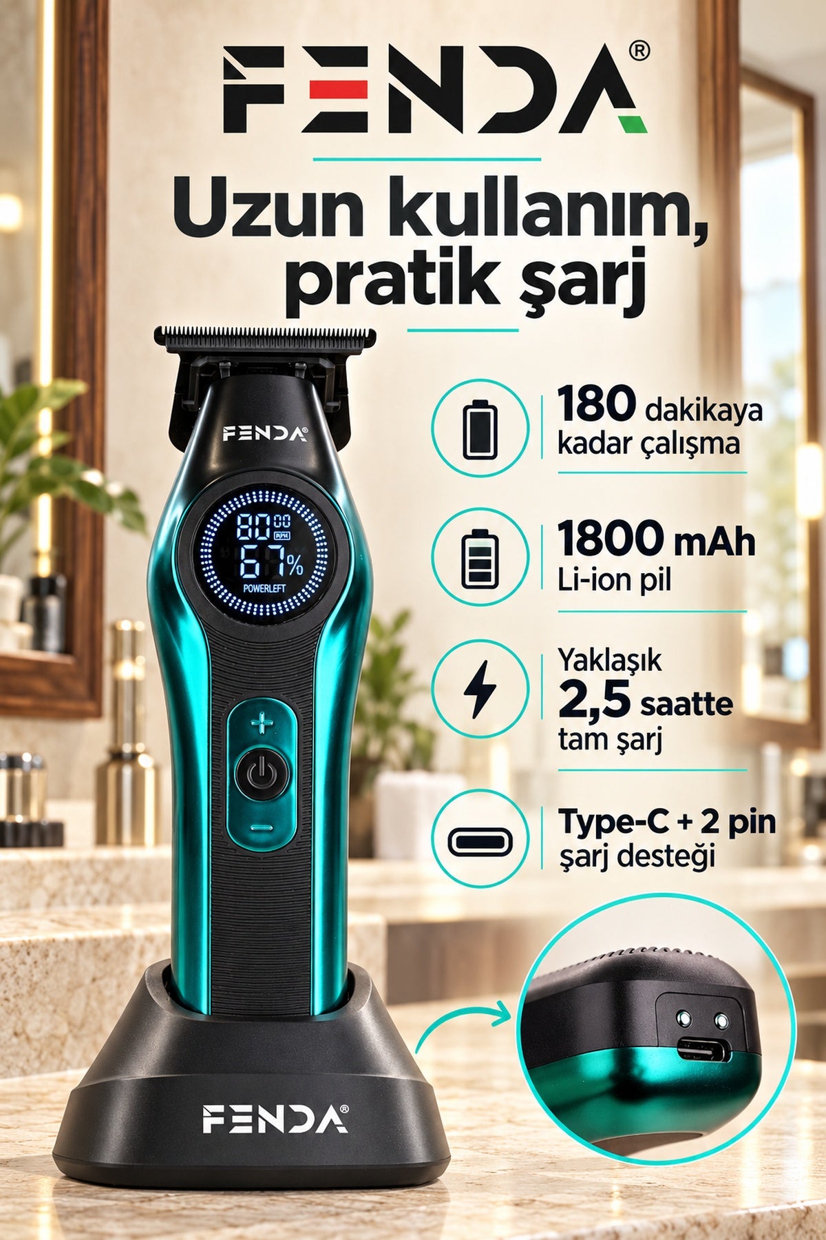 Fenda Profesyonel BLDC Motor 8000 RPM Tıraş Makinesi Turkuaz
