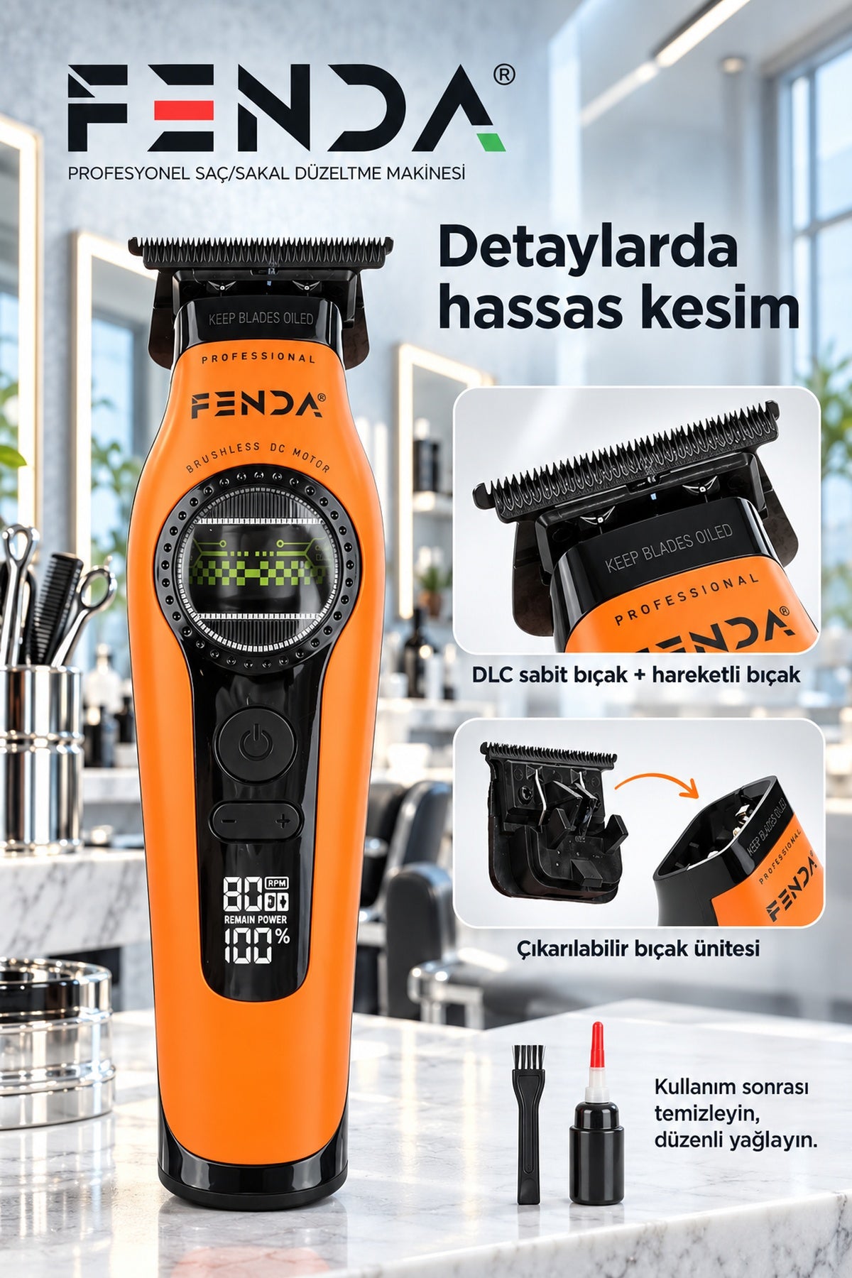 Fenda Profesyonel BLDC Motor 8000 RPM Tıraş Makinesi Turuncu