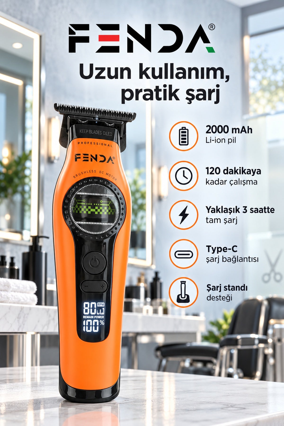 Fenda Profesyonel BLDC Motor 8000 RPM Tıraş Makinesi Turuncu