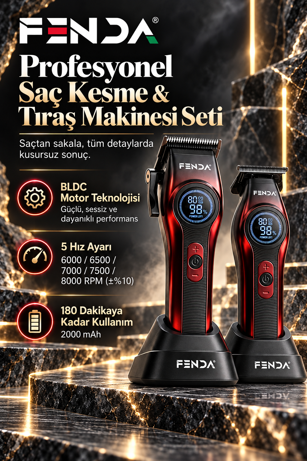 FENDA Profesyonel Şarjlı BLDC Motor 8000 Rpm 2'li Tıraş Makinesi Seti