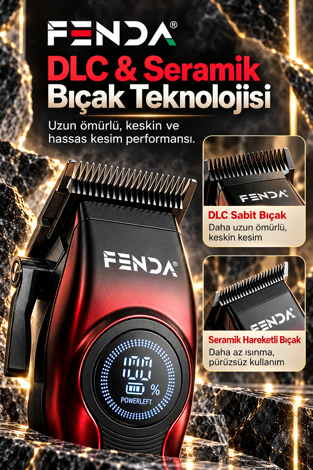 Fenda Profesyonel Şarjlı BLDC Motor 8000 Rpm 2'li Tıraş Makinesi Seti Kırmızı