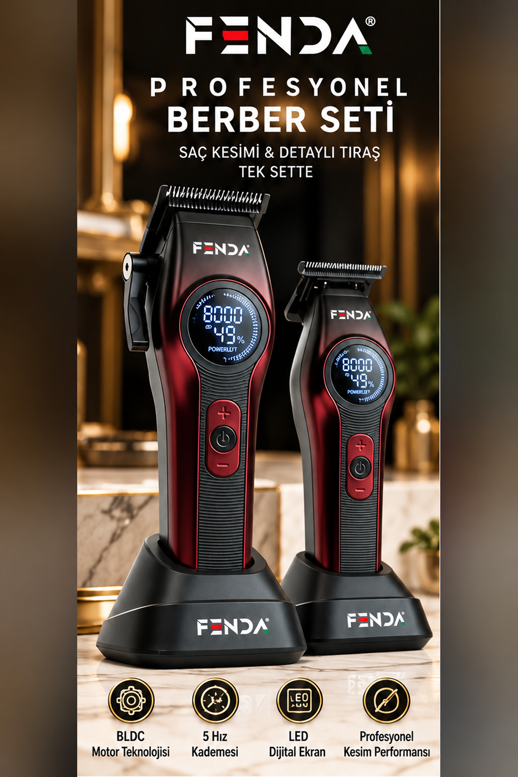 Fenda Profesyonel Şarjlı BLDC Motor 8000 Rpm 2'li Tıraş Makinesi Seti Kırmızı