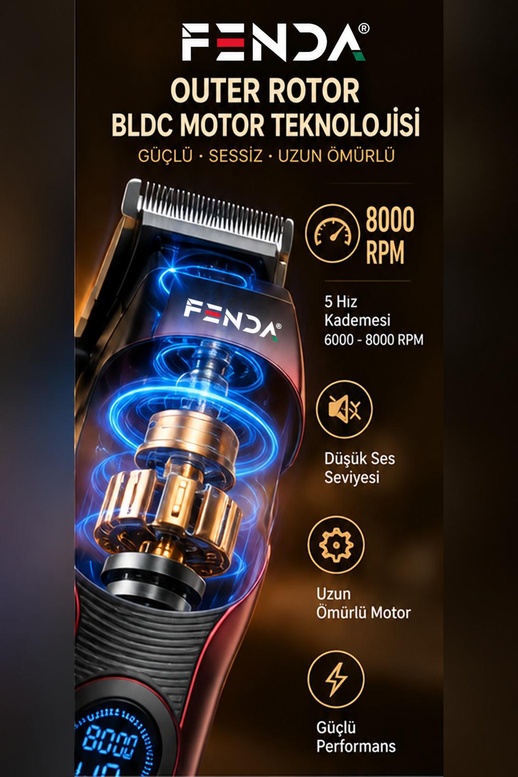 Fenda Profesyonel Şarjlı BLDC Motor 8000 Rpm 2'li Tıraş Makinesi Seti Kırmızı