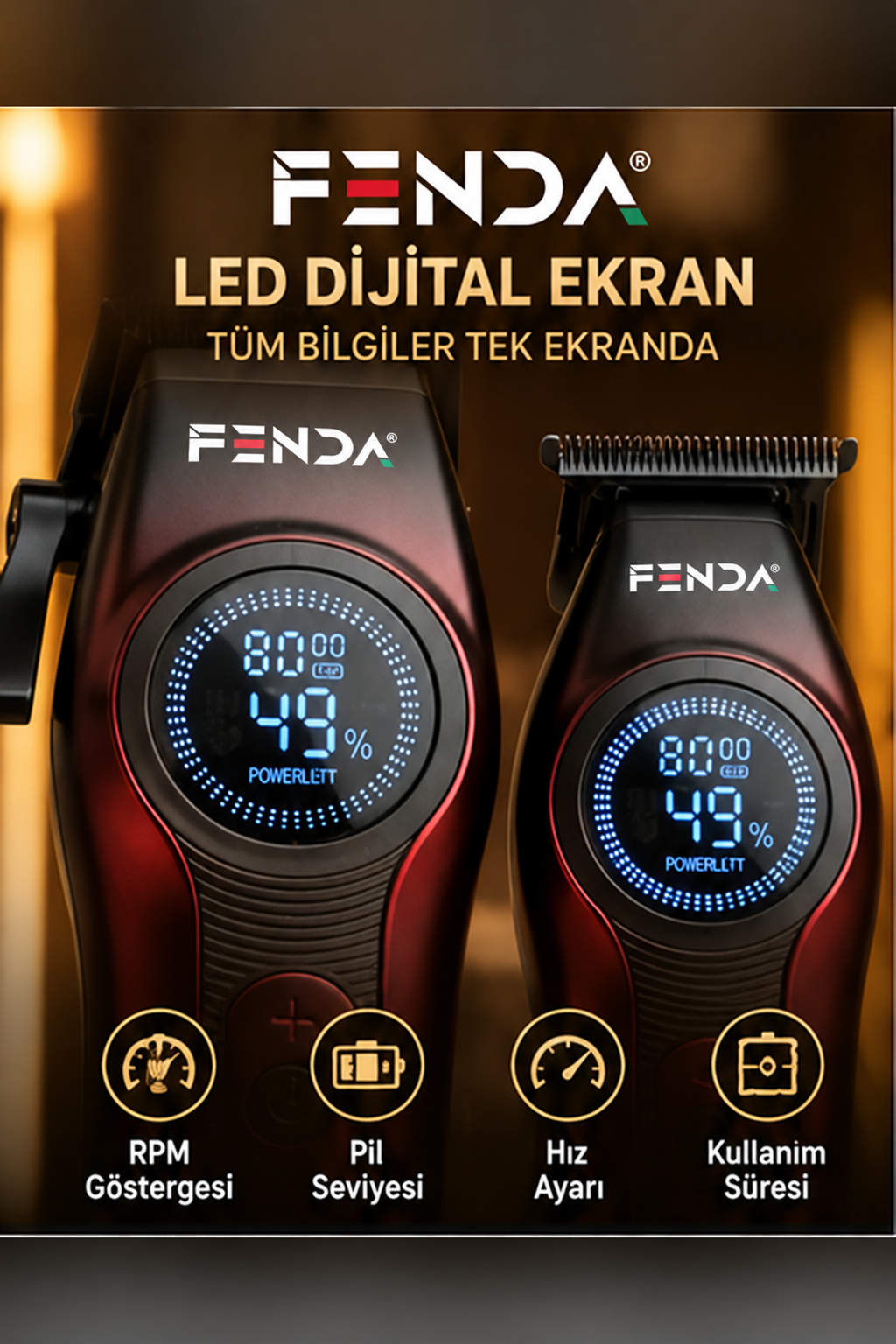 Fenda Profesyonel Şarjlı BLDC Motor 8000 Rpm 2'li Tıraş Makinesi Seti Kırmızı