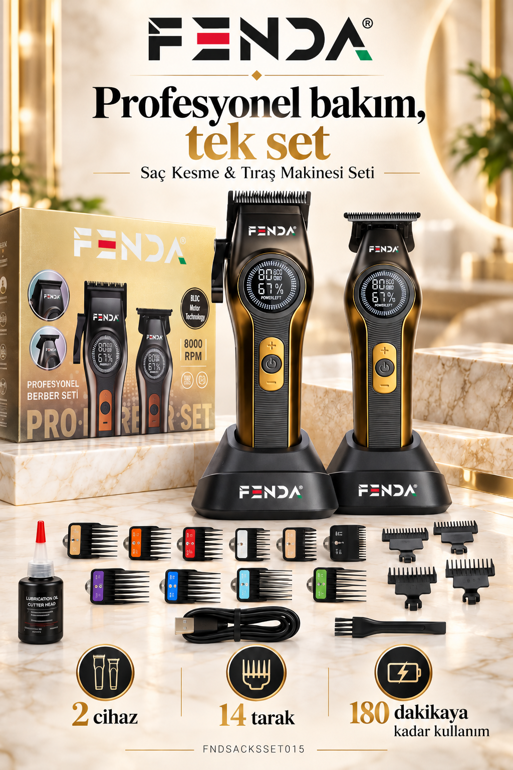 Fenda Profesyonel Şarjlı BLDC Motor 8000 Rpm 2'li Tıraş Makinesi Seti