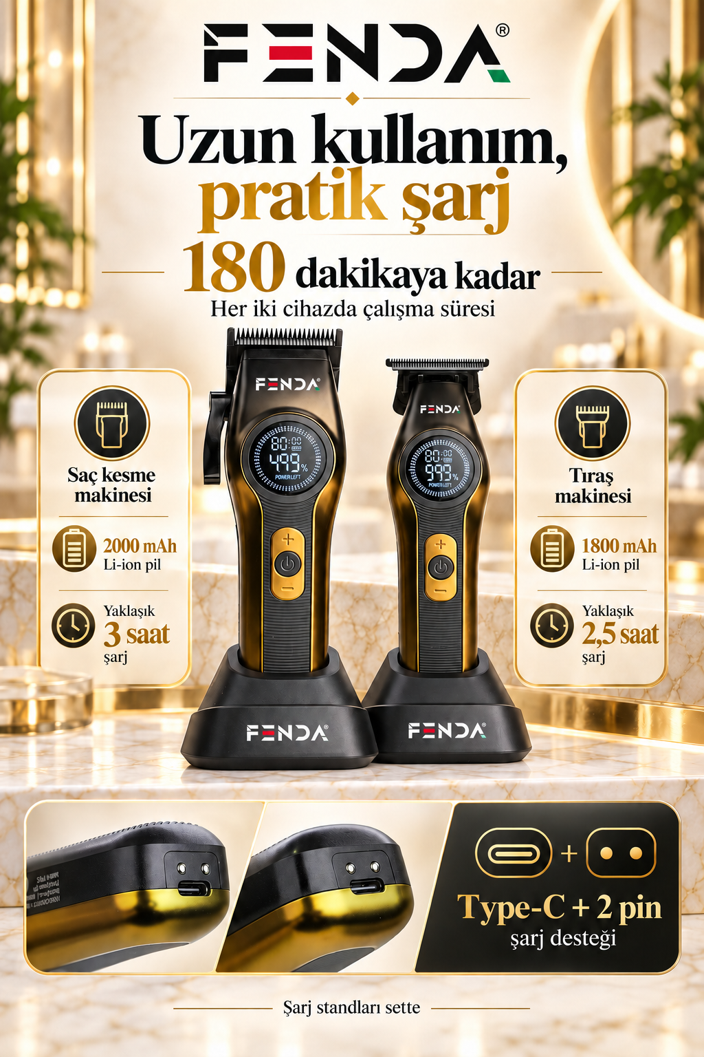 Fenda Profesyonel Şarjlı BLDC Motor 8000 Rpm 2'li Tıraş Makinesi Seti Sarı
