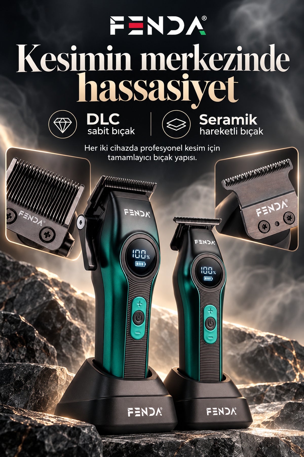 Fenda Profesyonel Şarjlı BLDC Motor 8000 Rpm 2'li Tıraş Makinesi Seti Yeşil