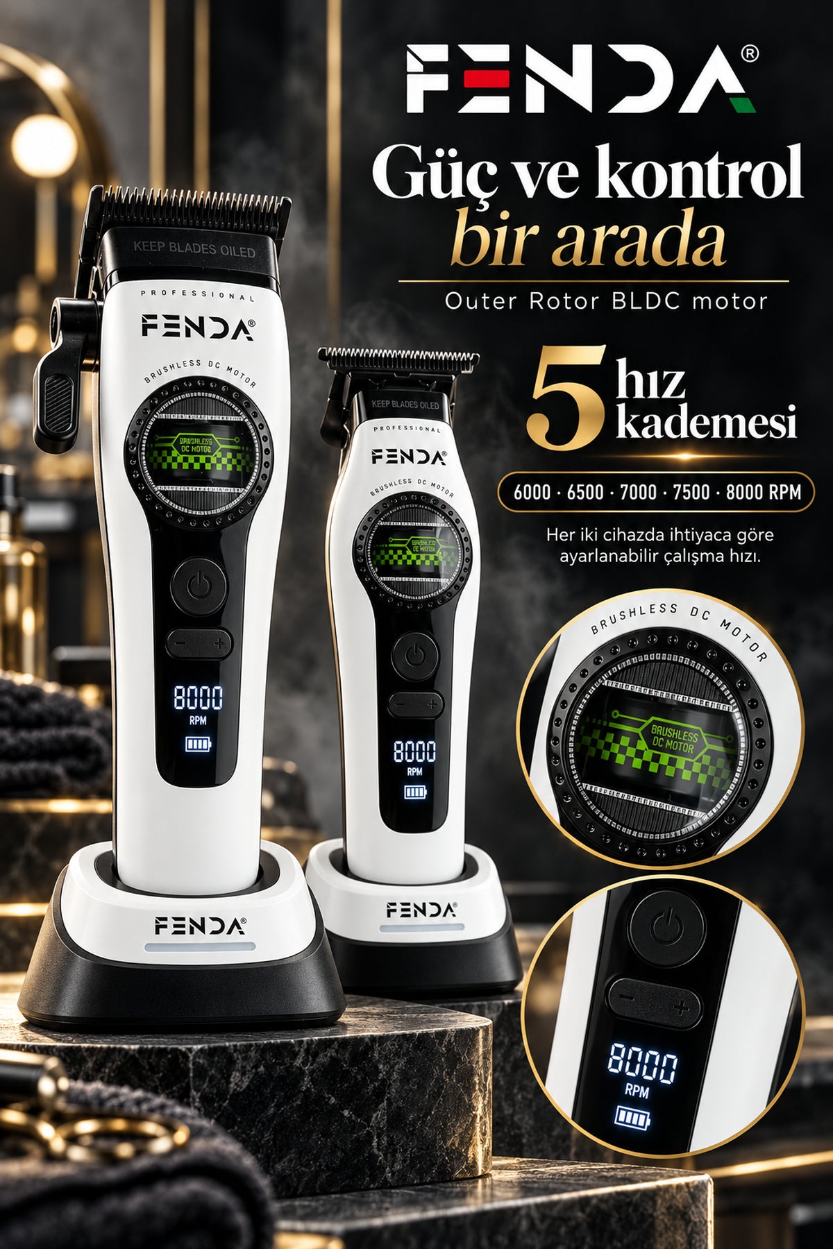 Fenda Profesyonel Şarjlı BLDC Motor 8000 RPM Tıraş Makinesi Seti 2'li Beyaz