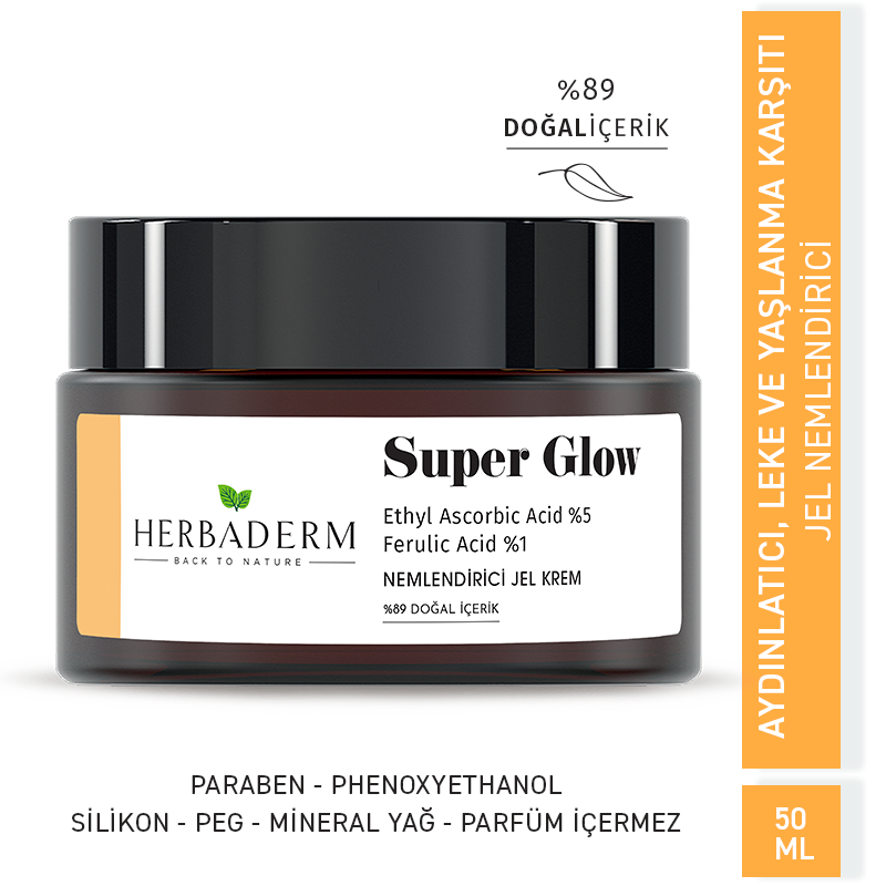 Herbaderm Aydınlatıcı, Leke Oluşumuna Karşı, Cilt Tonu Eşitleyici Nemlendirici Jel Krem Super Glow Ethyl Ascorbic Acid %5 + Ferulik Asit %1 %89 Doğal İçerik HERBA701489