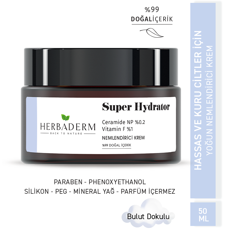 Herbaderm Cilt Bariyerini Güçlendirici & Onarıcı Yoğun Nemlendirici Krem Hassas Ciltlere Uygun Super Hydrator Ceramide Np %0.2+ Vitamin F %1 %99 Doğal İçerik HERBA701487