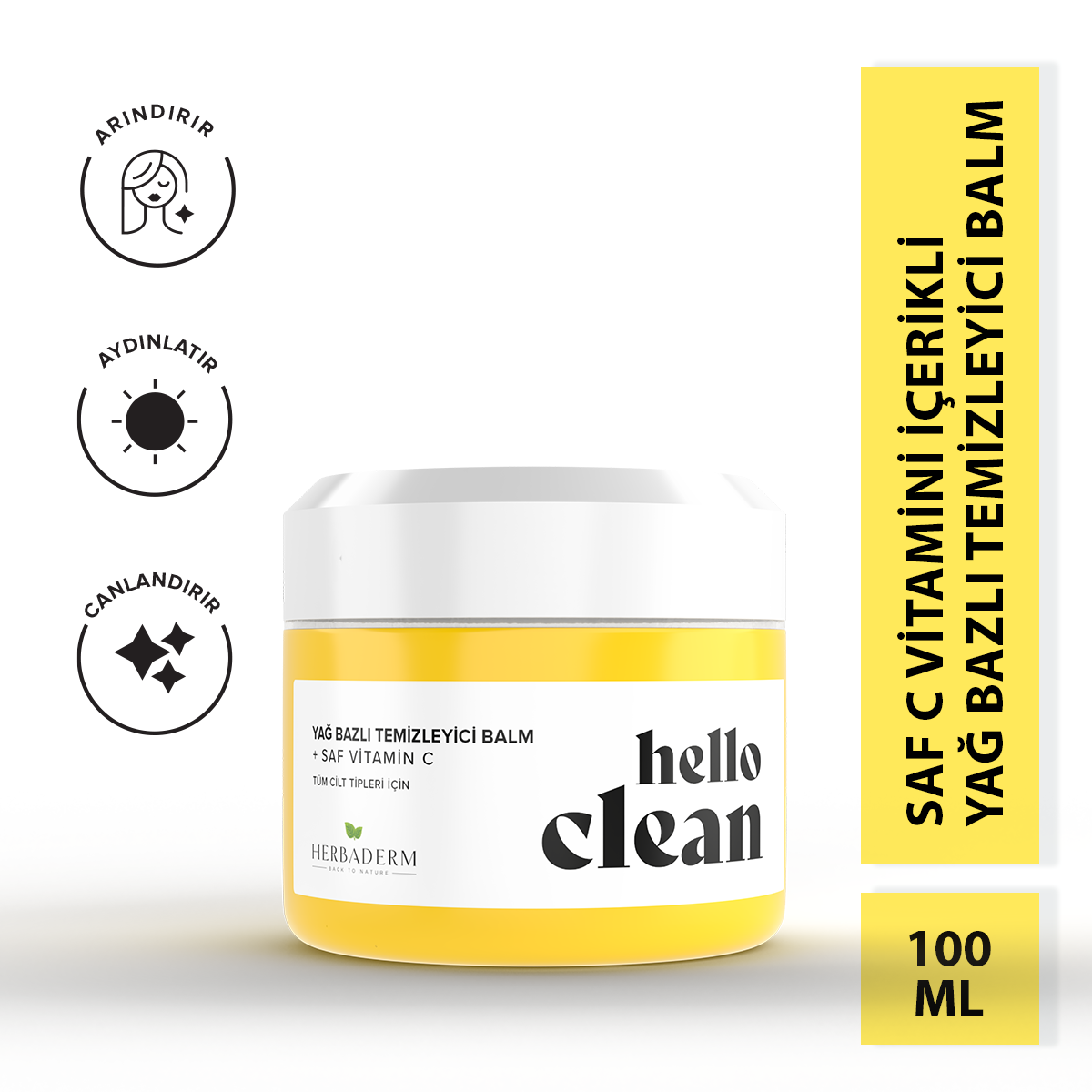 Herbaderm Hello Clean Aydınlatıcı, Canlandırıcı Yağ Bazlı Temizleyici Balm + Saf Vitamin C 100 Ml HERBA701476