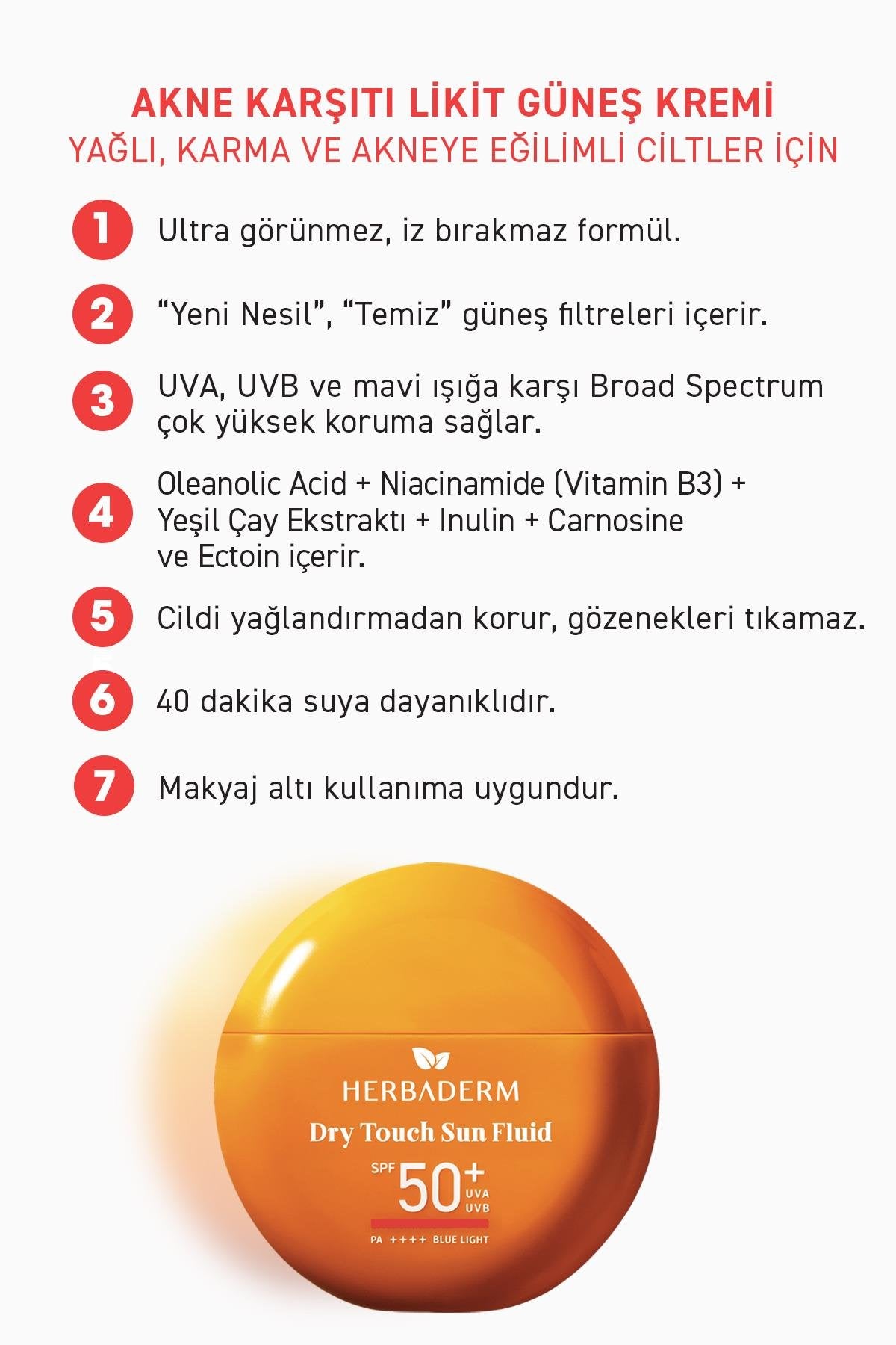 Herbaderm Likit Güneş Kremi Spf 50+ Akne Karşıtı, Hibrit Formül 40 Ml HERBA701508
