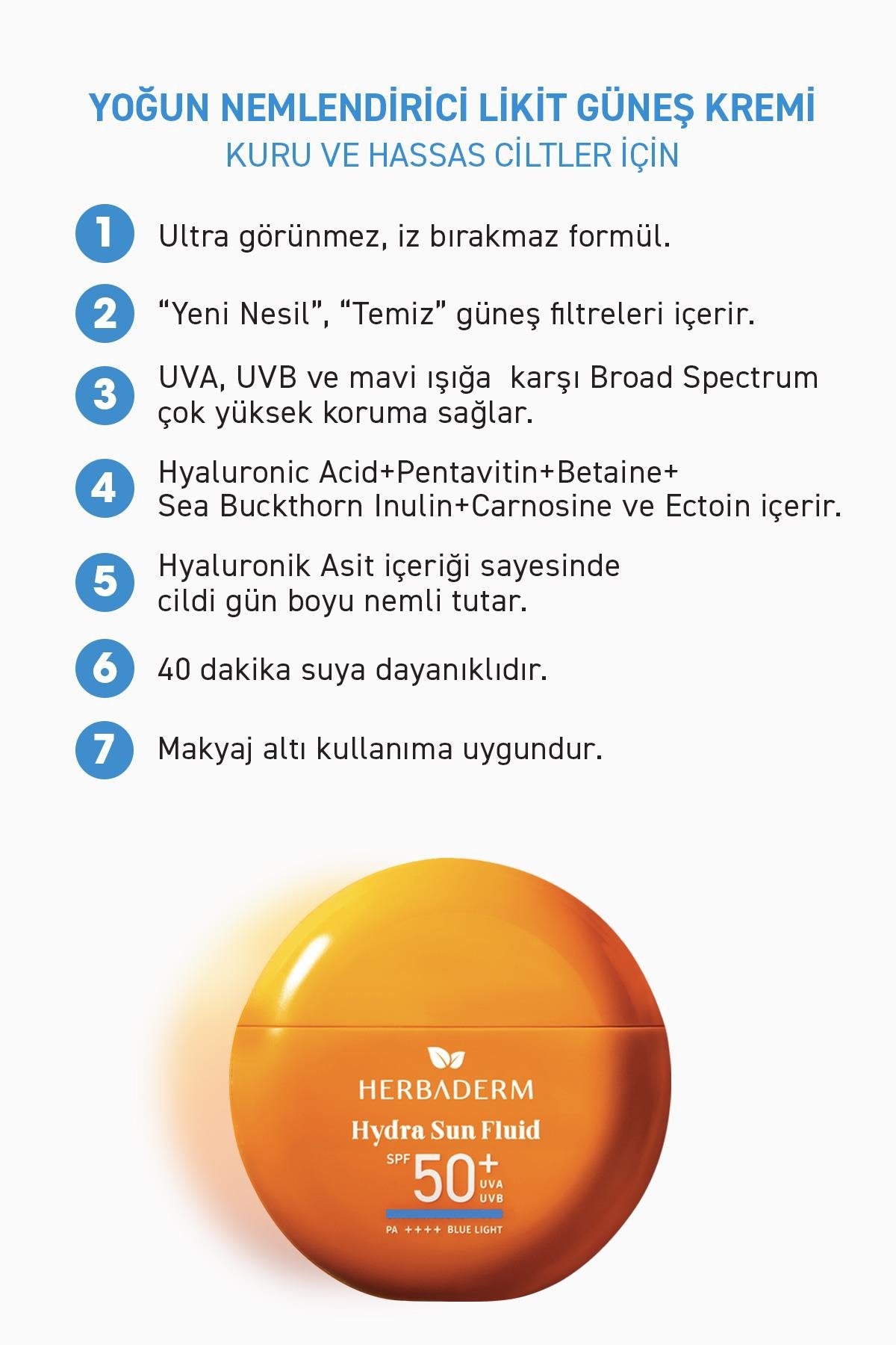 Herbaderm Likit Güneş Kremi, Spf 50+ Yoğun Nemlendirici, Hibrit Formül 40 Ml HERBA701511
