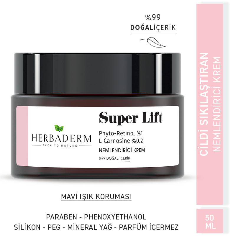 Herbaderm Sıkılaştırıcı, Leke Oluşumuna Karşı Işık Koruma Sağlayan Nemlendirici Krem Super Lıft Phyto-retinol %1 ( Bakuchiol ) + L-carnosine %0.2 %99 Doğal İçerik Mavi HERBA701488